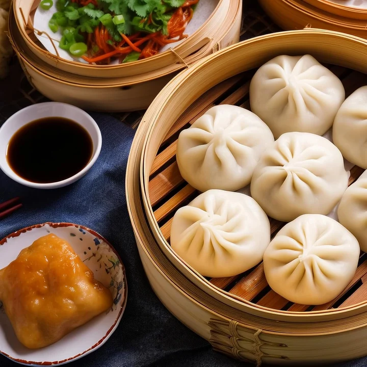 Steamed buns and dipping vinegar at the table